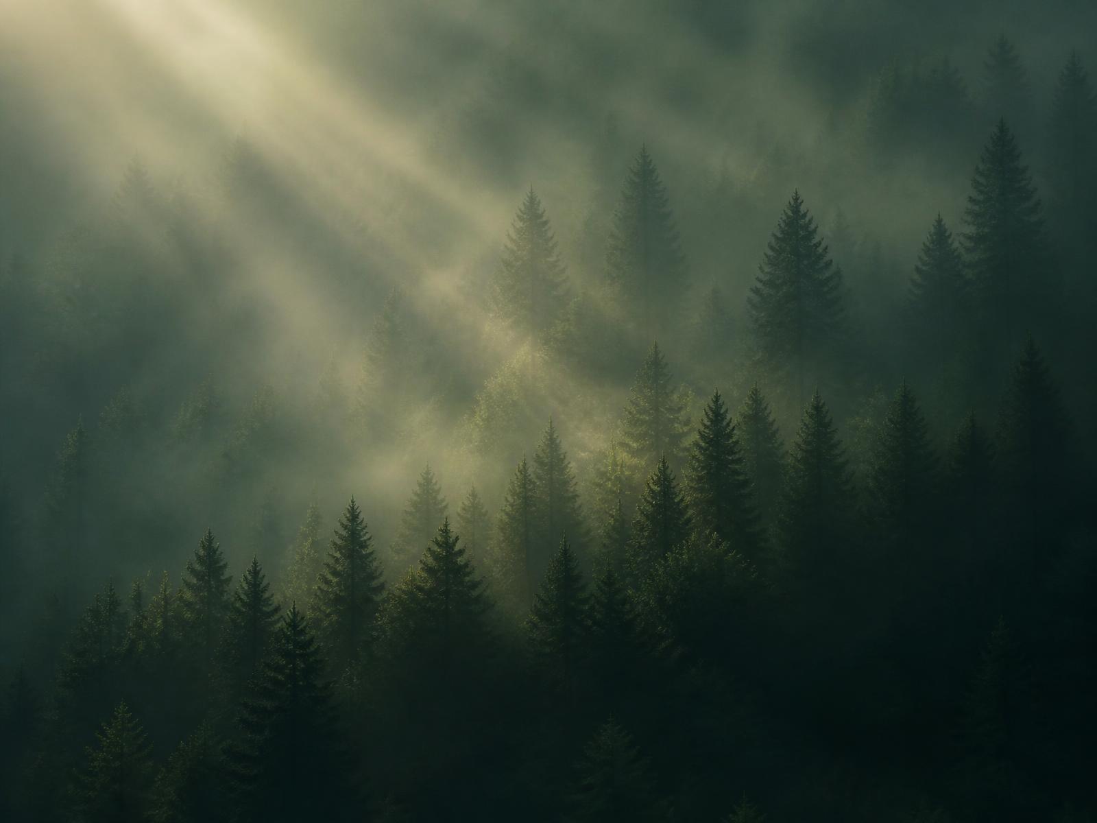 Dennenbos in ochtendlicht